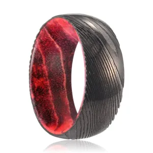 TRIMAX | Black & Red Wood, Gunmetal Damascus Steel Ring, Domed