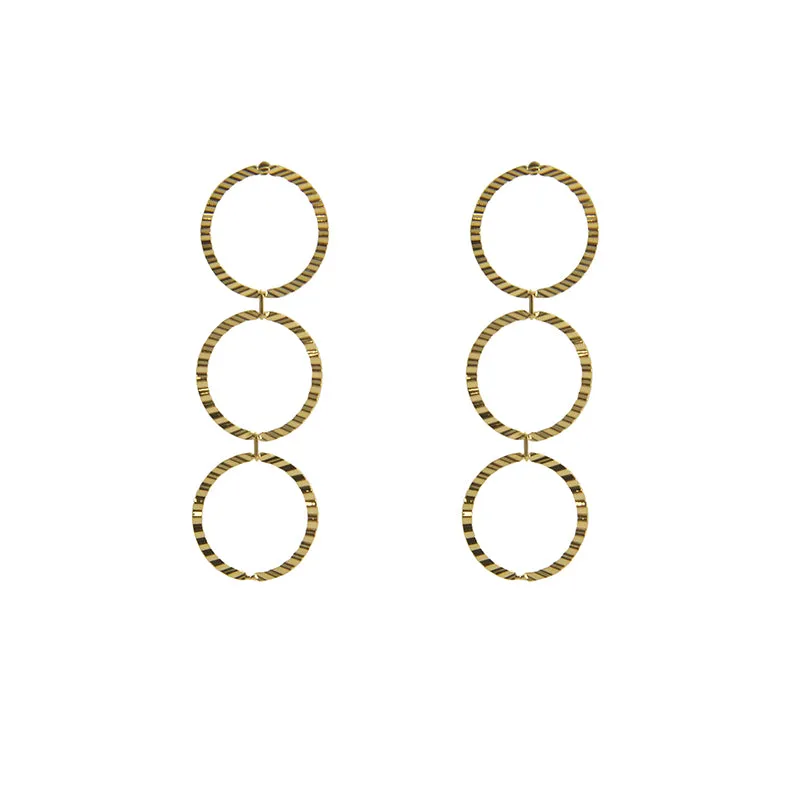 Triple circle Gold Sterling Silver Pull-Thru Chain Earrings