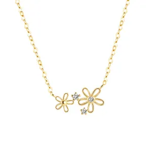 Two Flower with Zircon Silver Necklace for Women