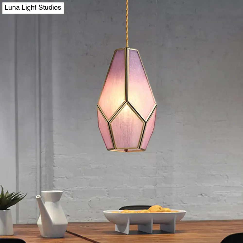 Vintage Pink Textured Glass Gem Hanging Lamp with Brass Drop Pendant Light - 1 Bulb