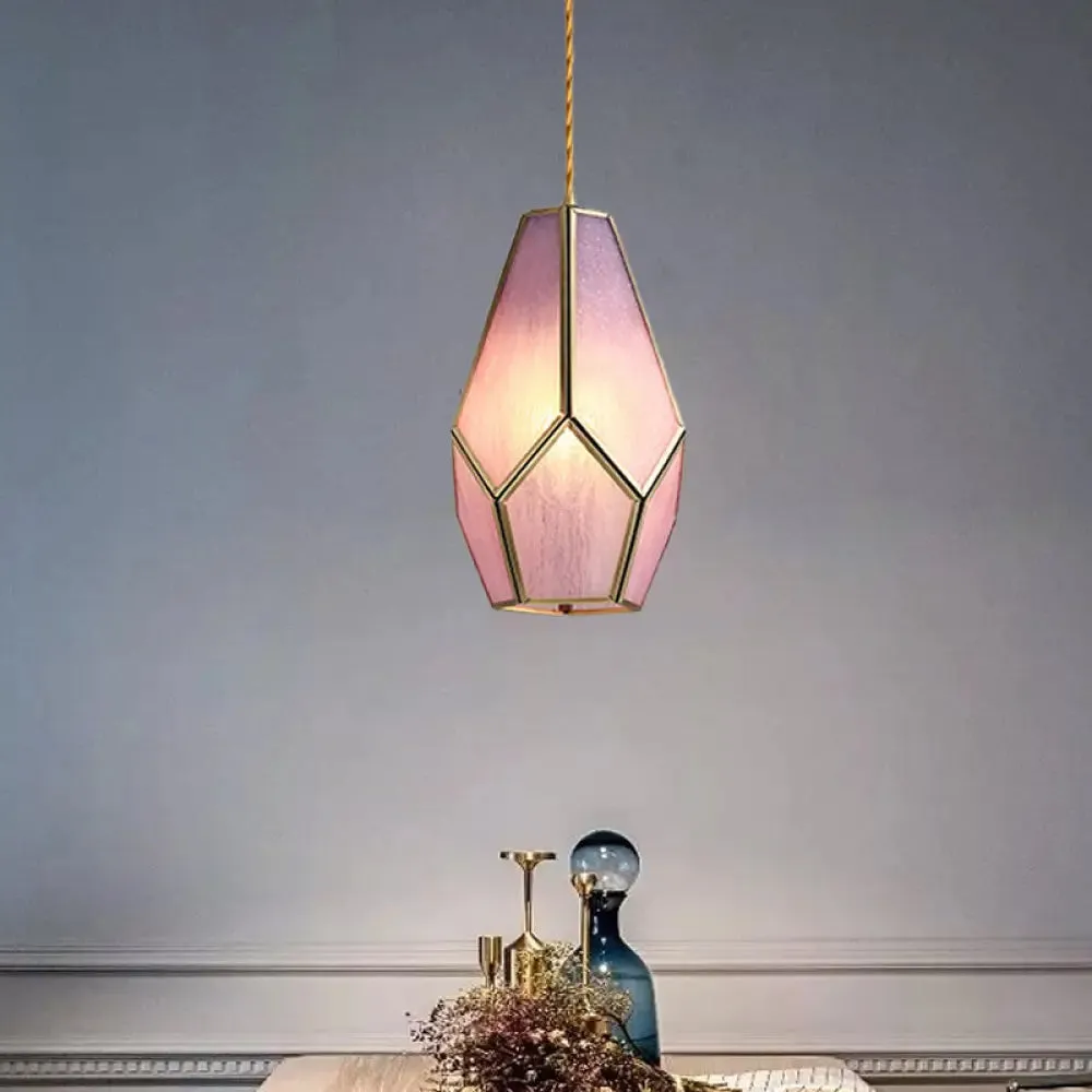 Vintage Pink Textured Glass Gem Hanging Lamp with Brass Drop Pendant Light - 1 Bulb