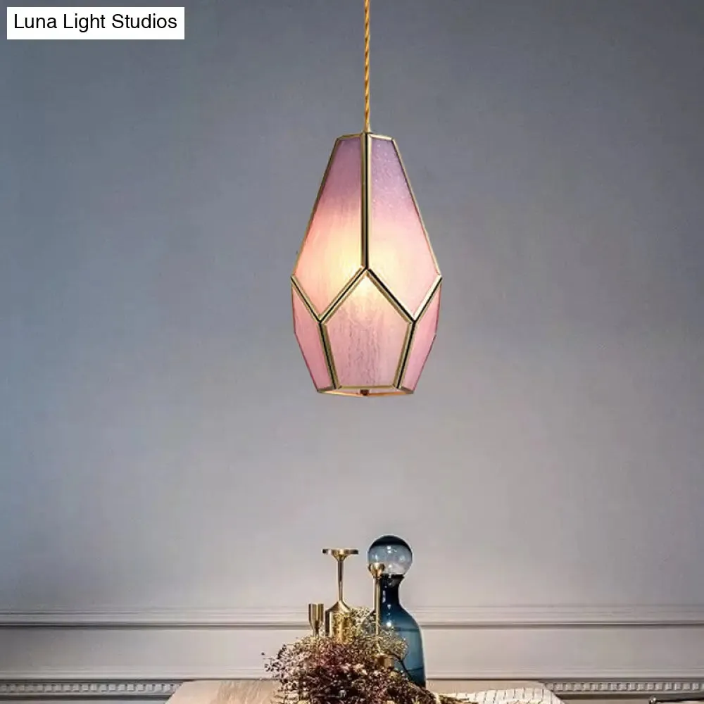 Vintage Pink Textured Glass Gem Hanging Lamp with Brass Drop Pendant Light - 1 Bulb