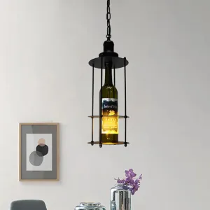 Vintage Wine Bottle Drop Pendant with Wire Cage - Black Glass Hanging Lamp