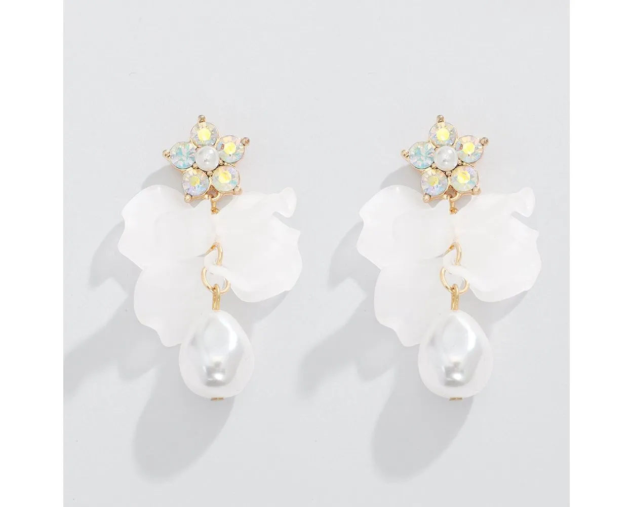 White Petals and Pearls with Crystal Earrings