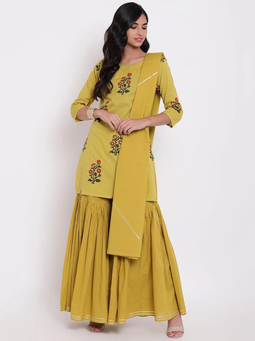 Women'S Lemon Yellow Cotton Sharara Kurta Set With Dupatta Plus Size