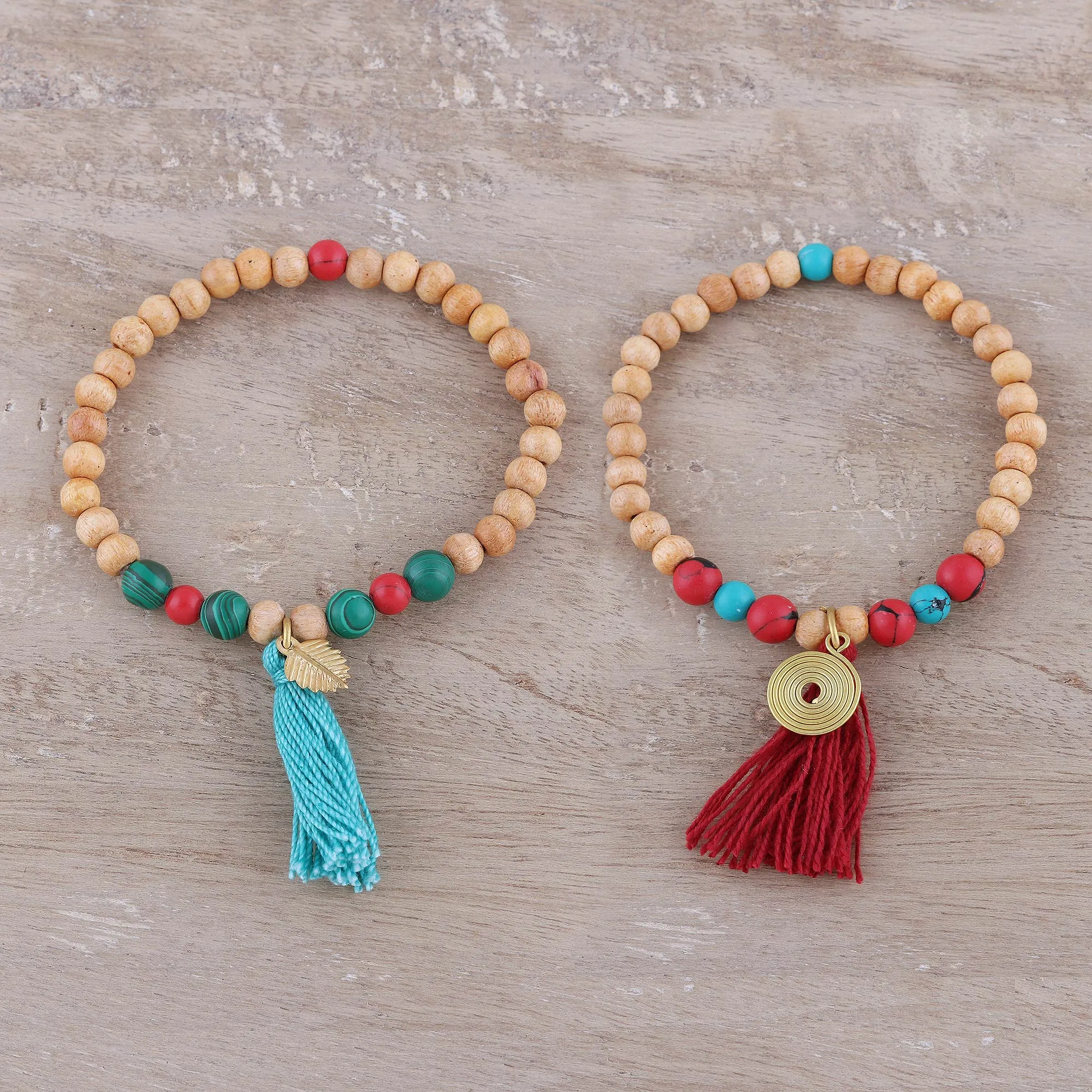 Wood and Bone Beaded Stretch Bracelets from India (Pair) - Happy Bohemian | NOVICA