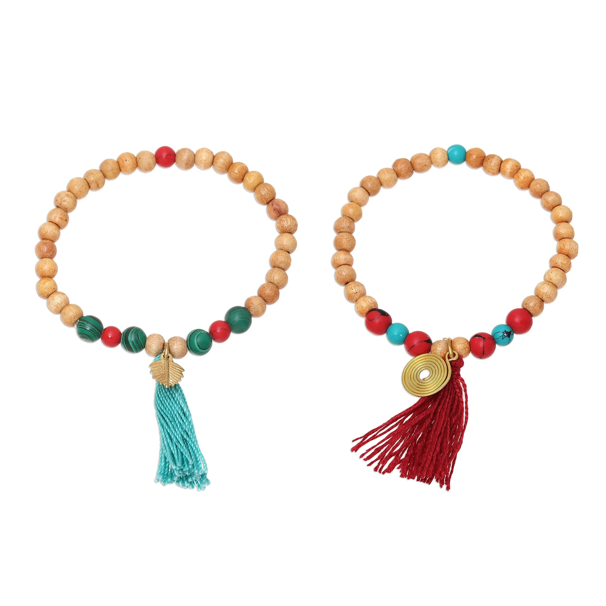 Wood and Bone Beaded Stretch Bracelets from India (Pair) - Happy Bohemian | NOVICA