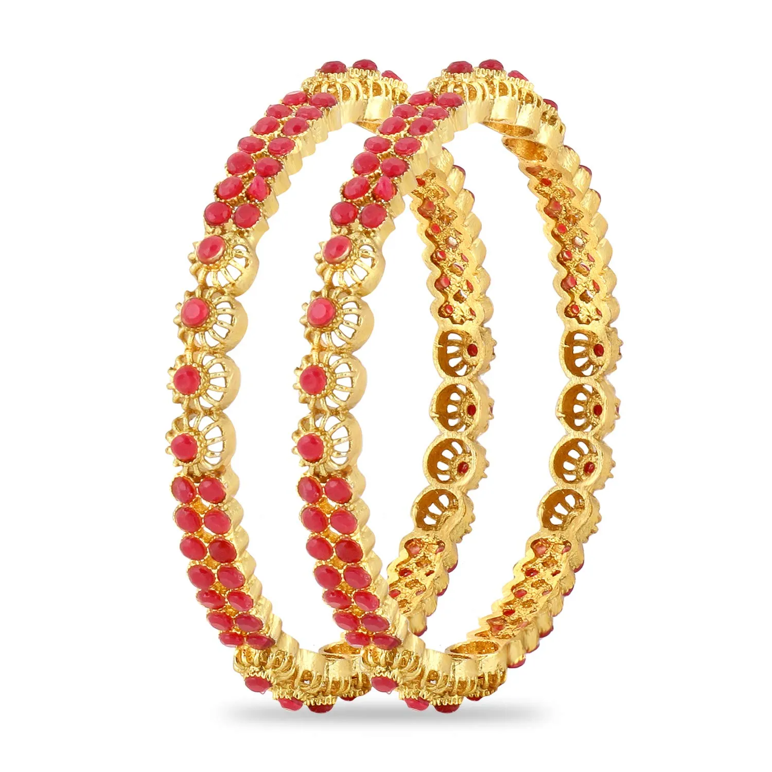 Yellow Chimes Designer Ruby Stones 2 PC Bangle Set Traditional Gold Plated Bangles for Women and Girls (2.6)