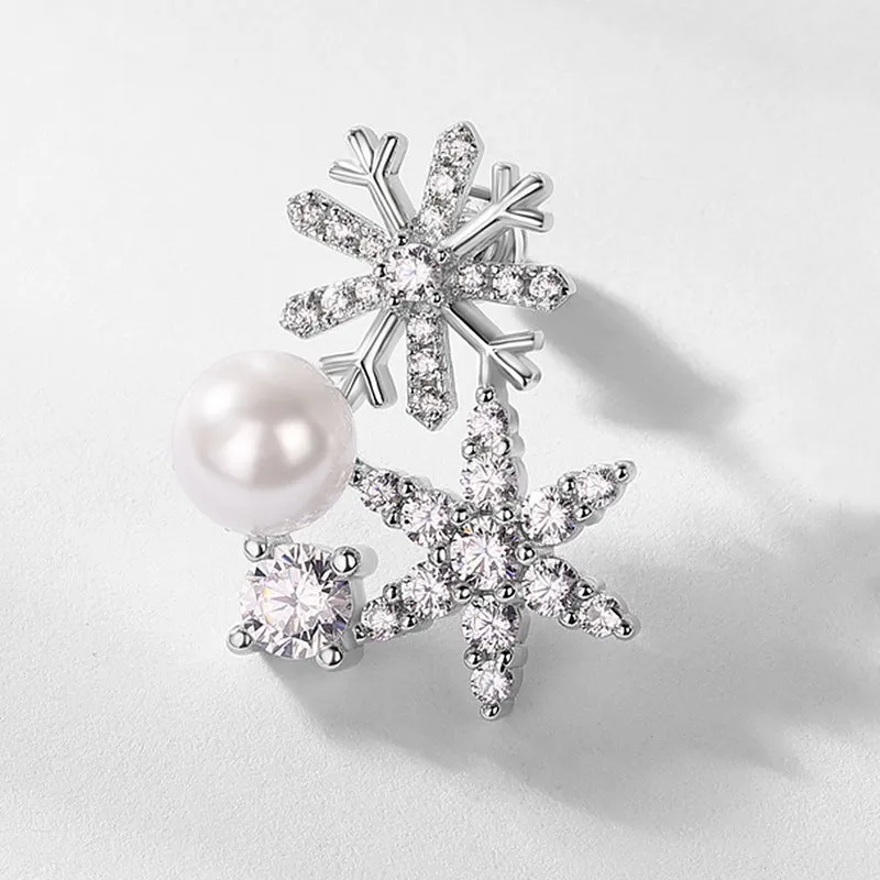 Zircon Pearl Snowflake Sterling Silver Stud Earrings