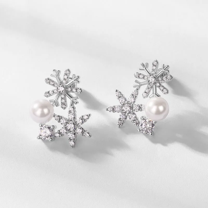 Zircon Pearl Snowflake Sterling Silver Stud Earrings