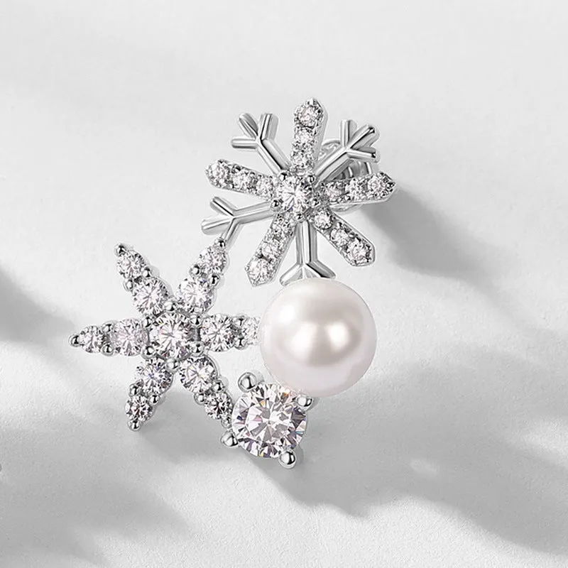 Zircon Pearl Snowflake Sterling Silver Stud Earrings